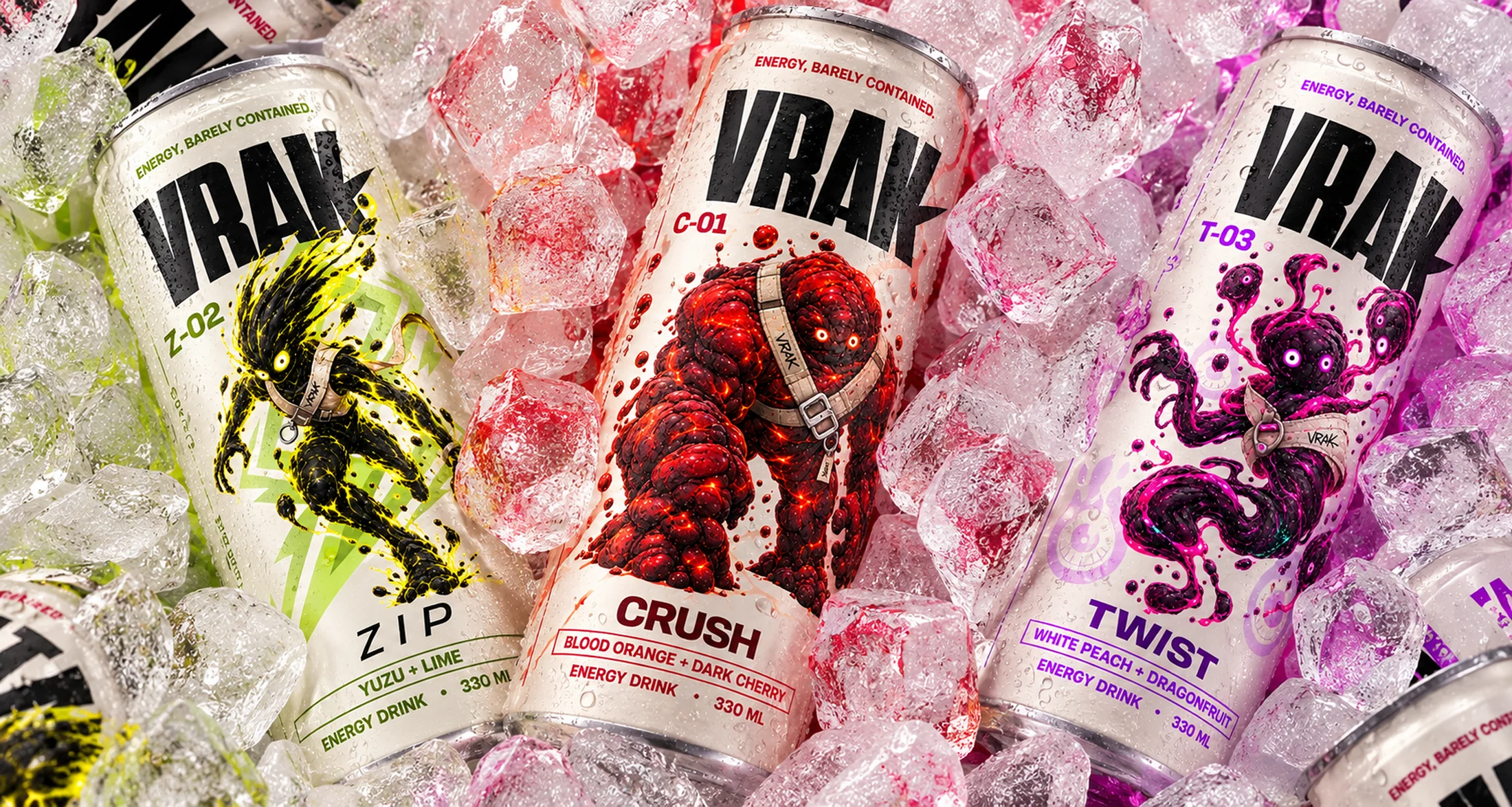Three Vrank cans surrounded by ice